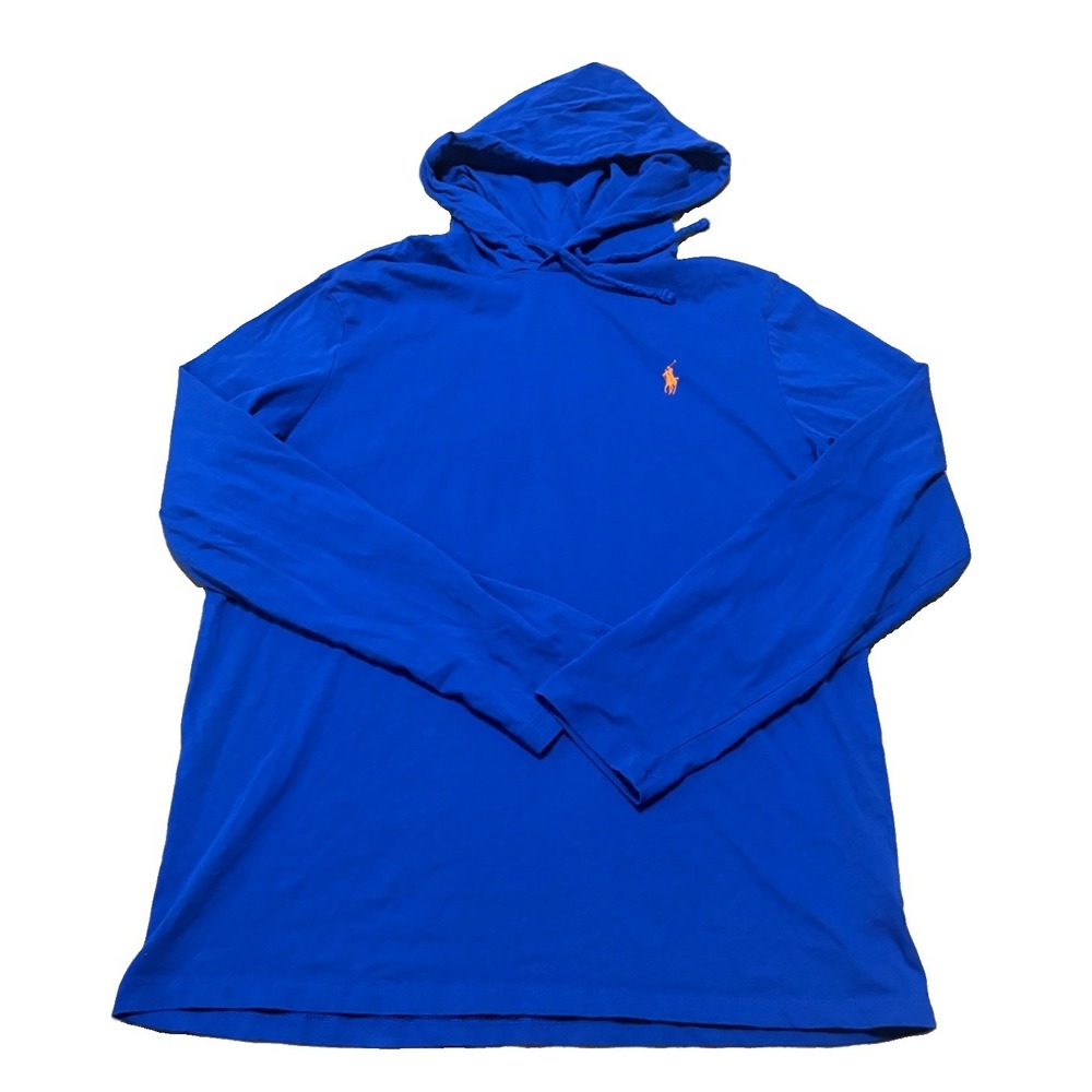 Ralph Lauren Mens L Jersey Hooded T Shirt Long Sleeve Blue Pony Cotton Preppy